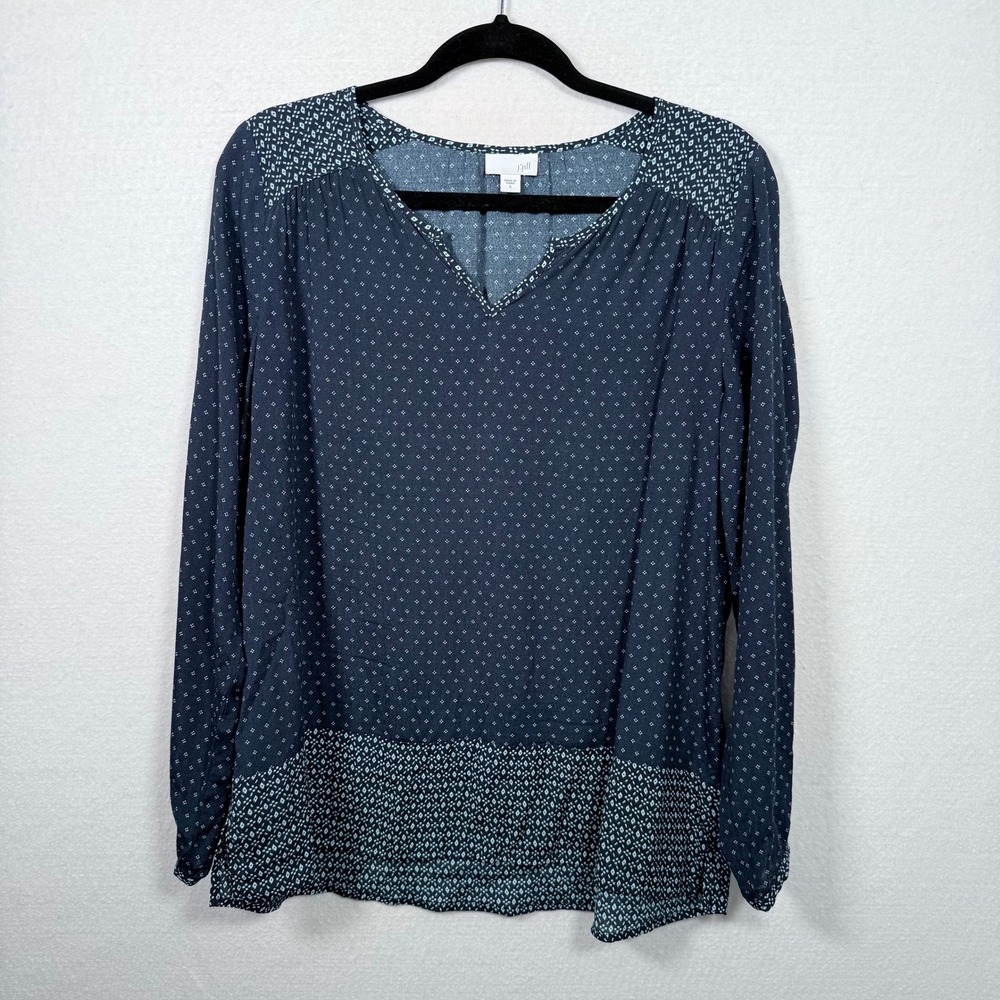 J Jill Women's Blouse Tunic‎ Size S Blue White Print Long Sleeve V Neck Peasant